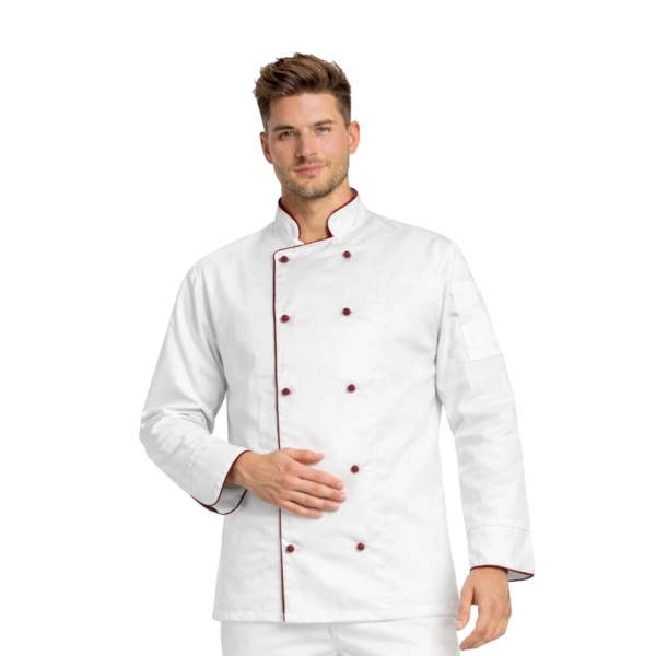 Bluza kucharska biała długi rękaw lamówka bordowa roz.XXL – bluza kucharska – odzież gastronomiczna